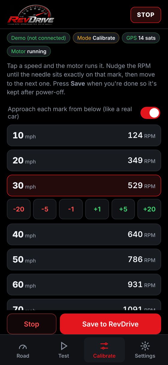 RevDrive app Calibrate screen with RPM per mph