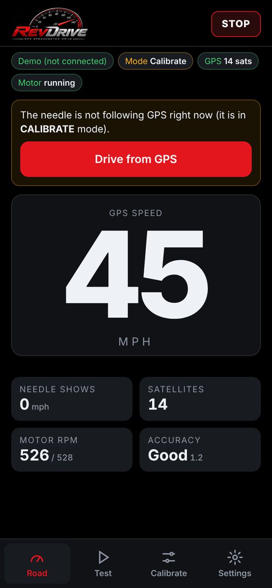 RevDrive app Road screen showing GPS speed